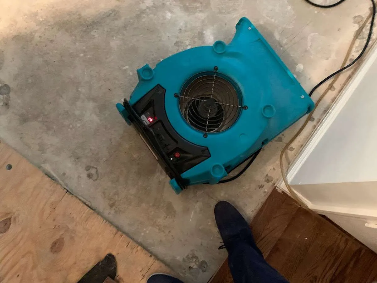 Air mover drying subfloor during Commercial Water Damage Restoration in Cranberry
